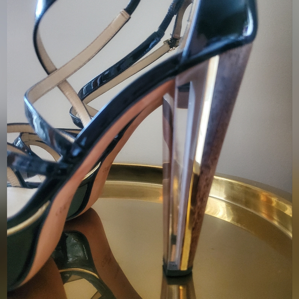 Jimmy Choo Black Patent Leather Platform Sandals with Wood-Effect Heels - Picture 4 of 16